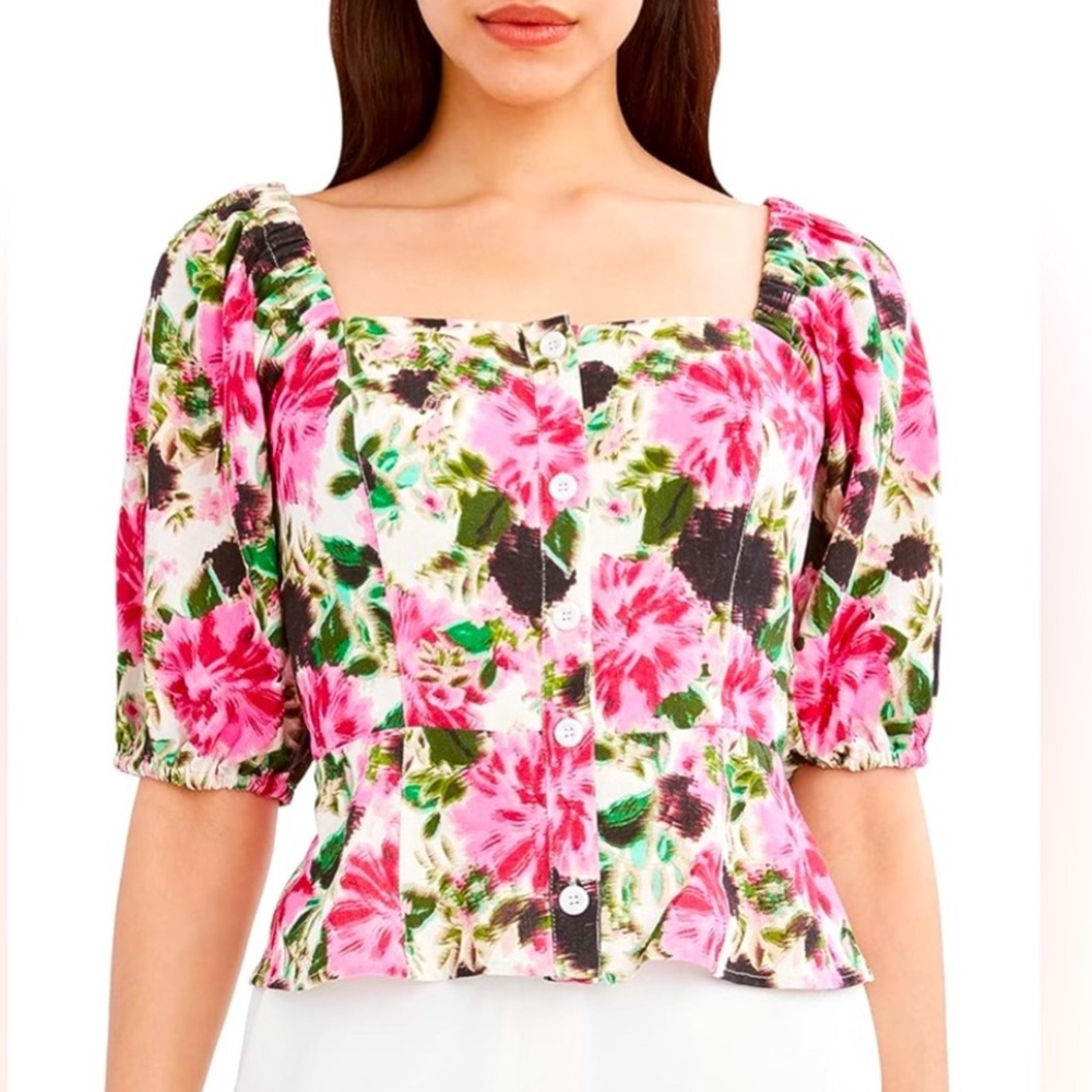 NWT BCBGMAXAZRIA Women's Fitted 3/4 Poof Sleeve Floral Front Button Peplum Top - Picture 8 of 8